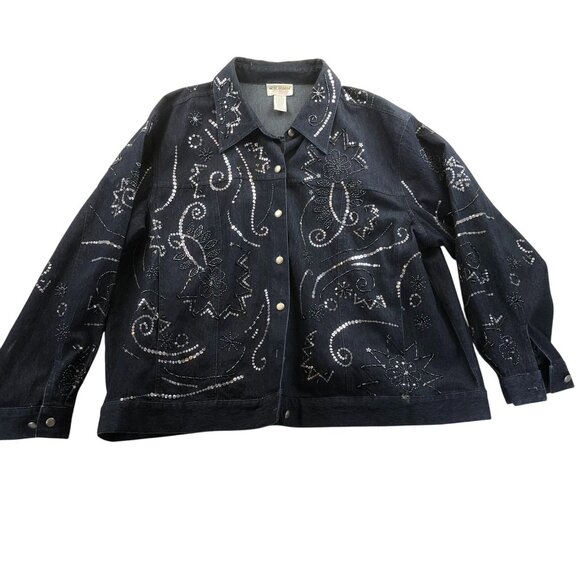 Victor Costa Occasion Women's Denim Jacket Embellished Snap Front Black - Picture 1 of 13